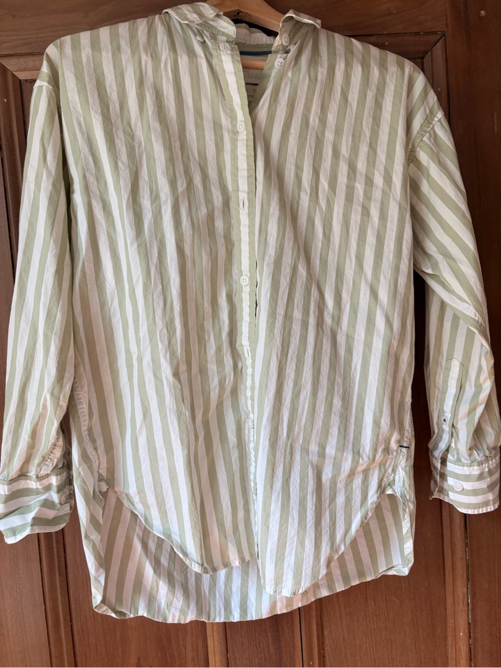 J. Crew Sage Green and White Striped Relaxed Shirt
